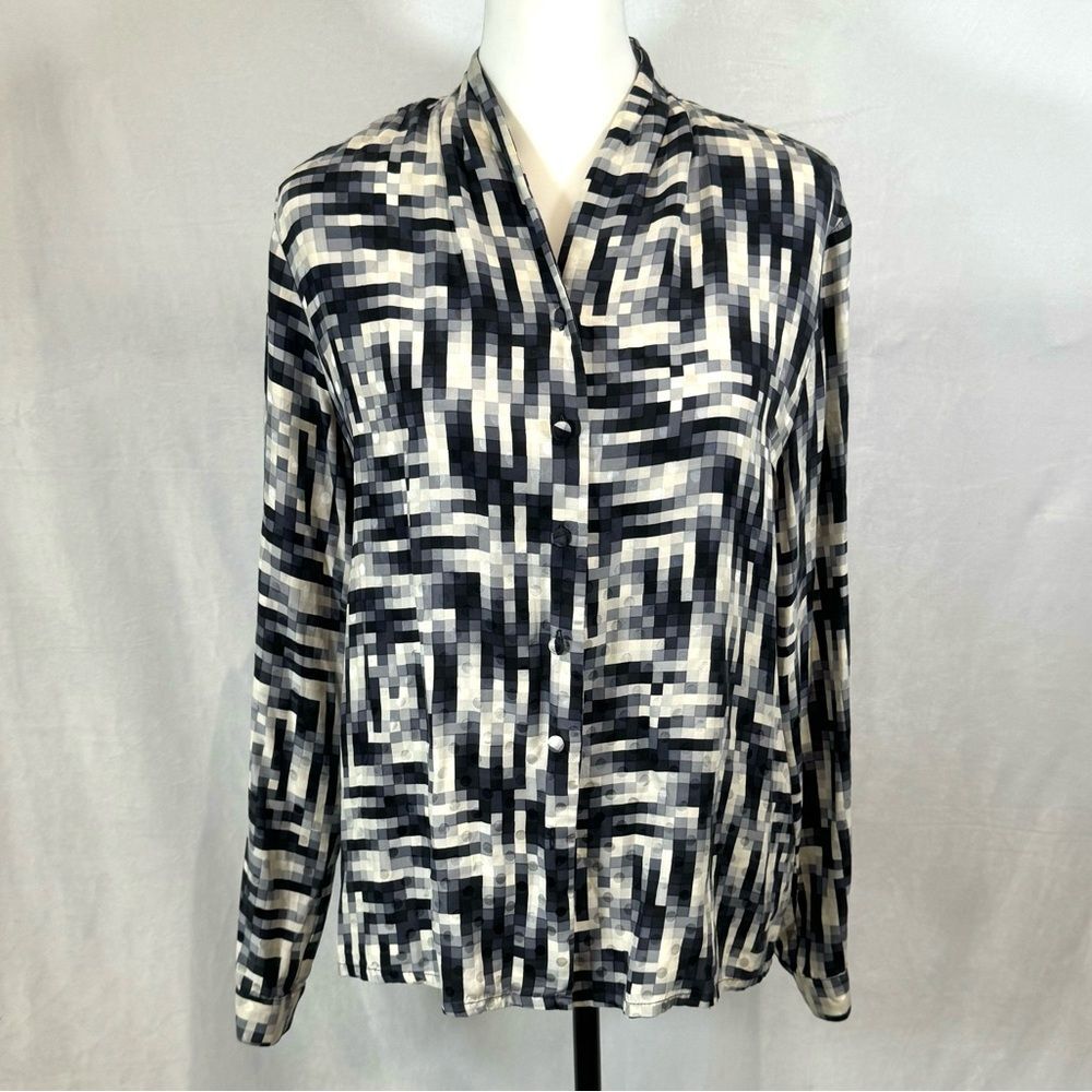 Jacqueline Ferrar 100% silk long sleeve geometric print button down top size 10